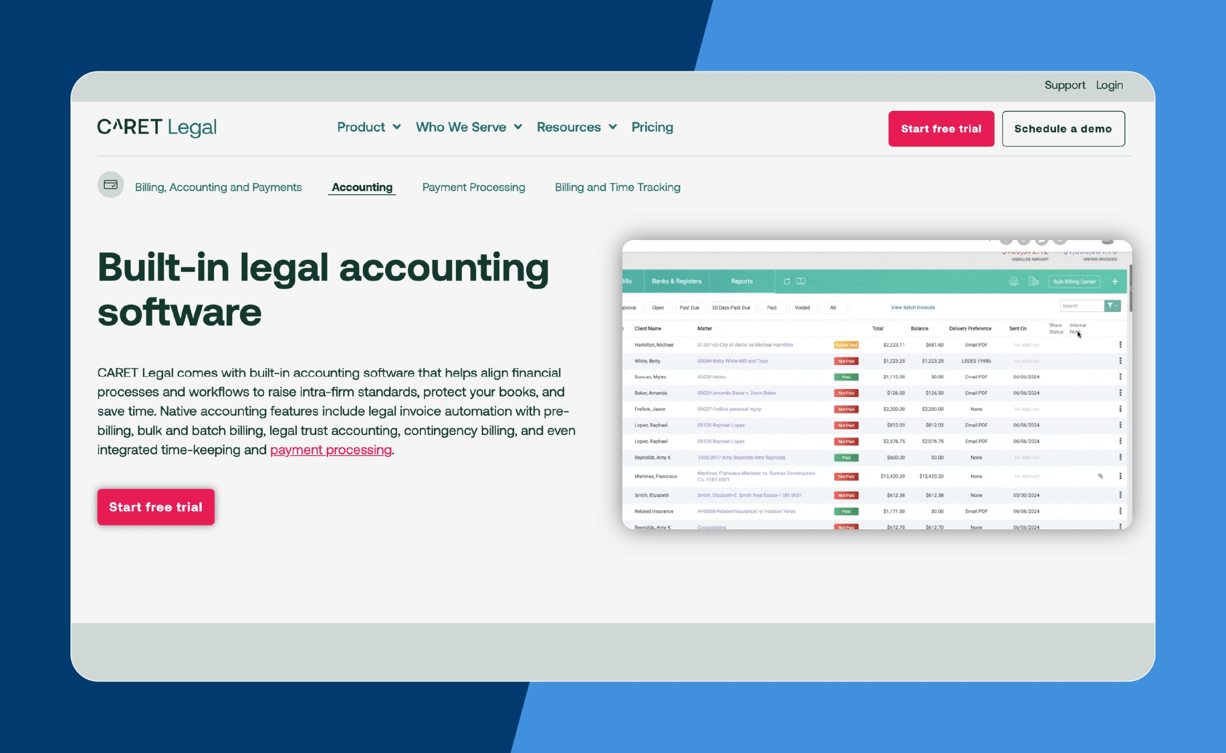 Screenshot of CARET’s accounting page