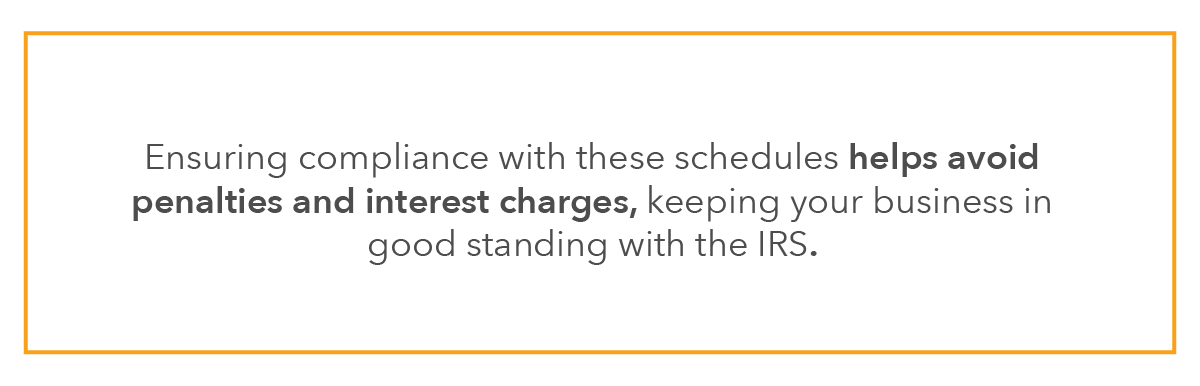 Ensuring compliance with these schedules helps avoid penalties and interest charges, keeping your business in good standing with the IRS.