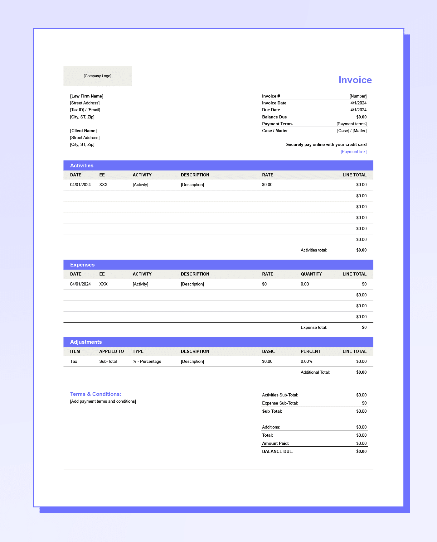 Mockup of a legal invoice template for flat fees