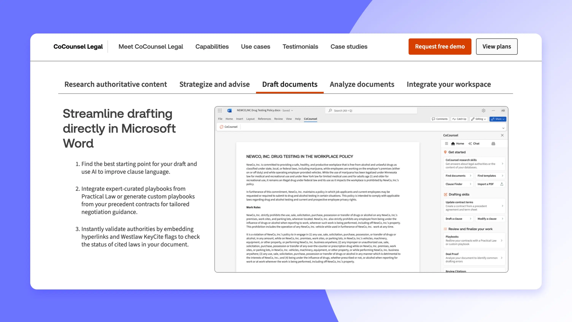 Screenshot of Thomson Reuters CoCounsel draft documents section