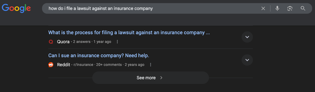 A google search for 'How do I file a lawsuit against an insurance company?' shows results from Quora and Reddit