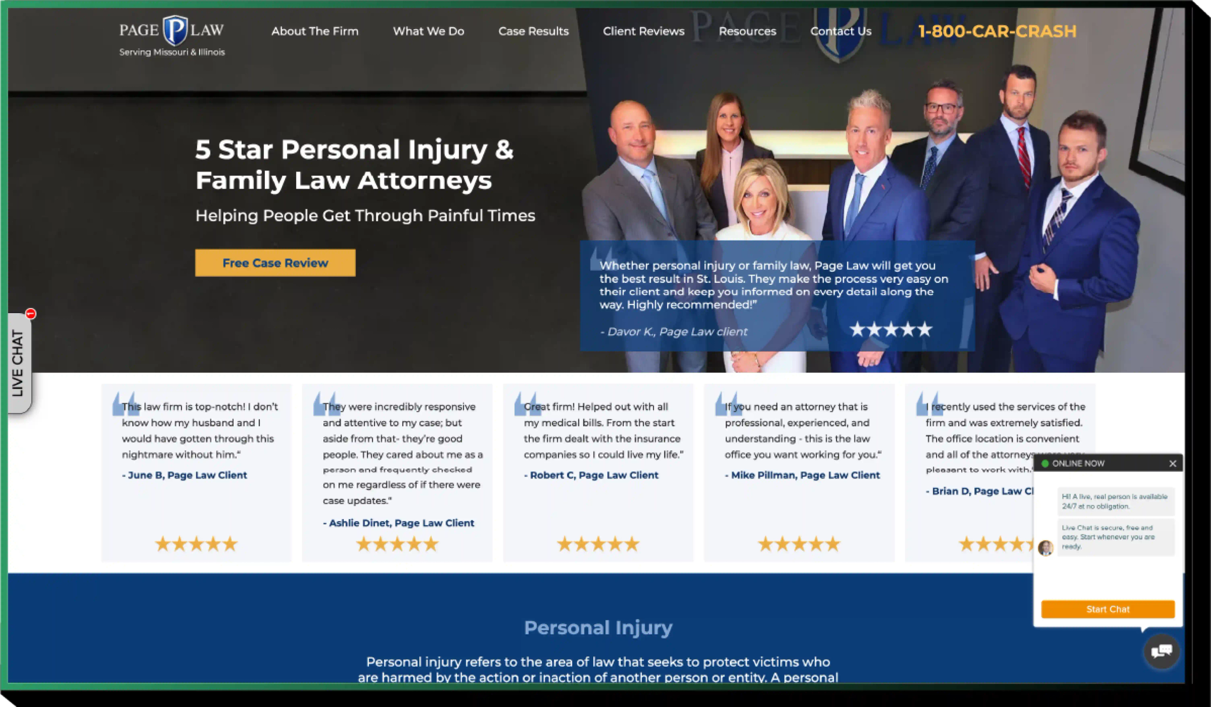 Page Law is a good example of a personal injury firm that uses an intuitive and user-friendly website designed for conversions. For more examples, see our top picks for well-optimized personal injury websites here.