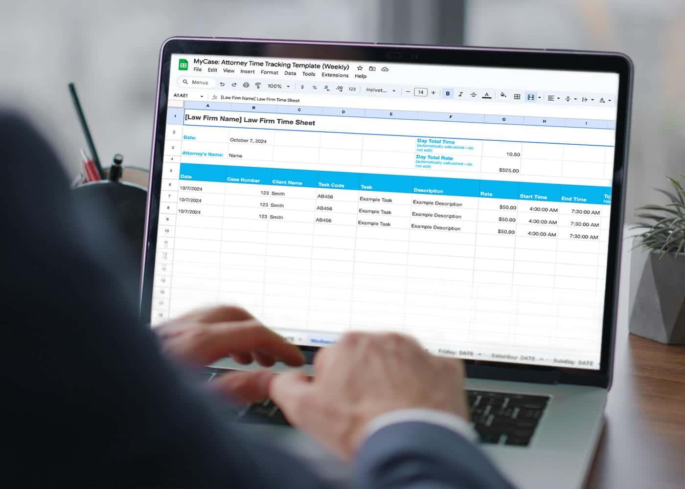 Alt text: Attorney logging time manually in a weekly attorney time tracking template