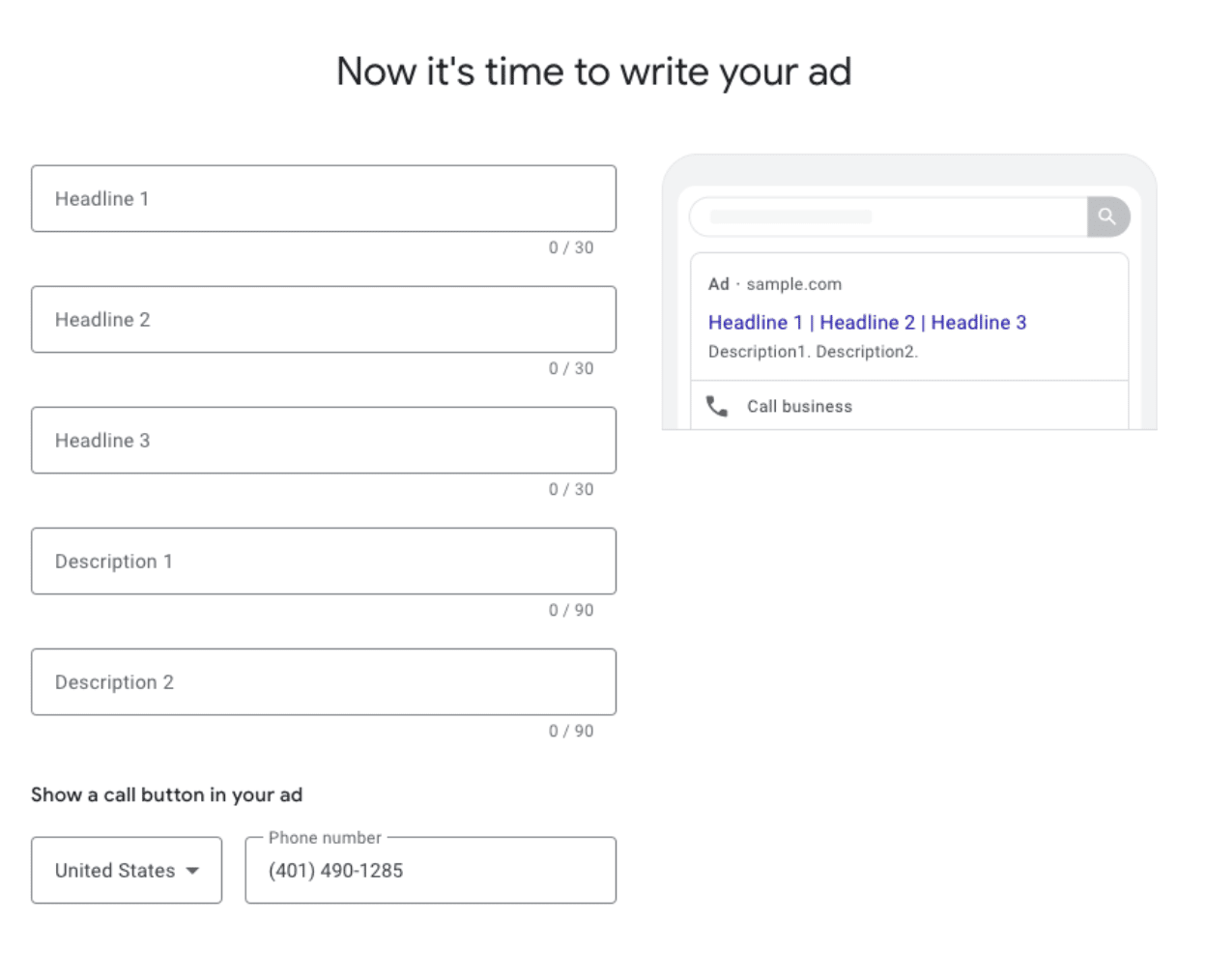 Google Ads screenshot - Ad content entry fields