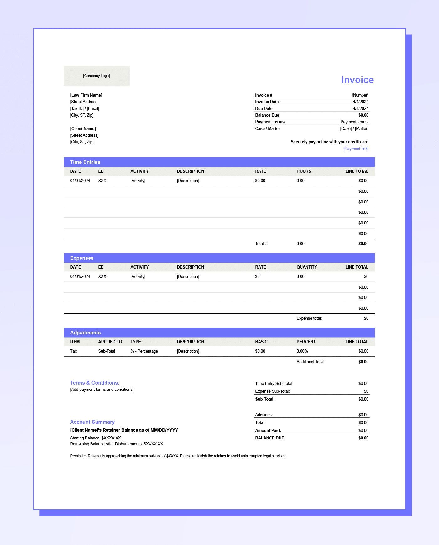 Mockup of a legal invoice template for retainers