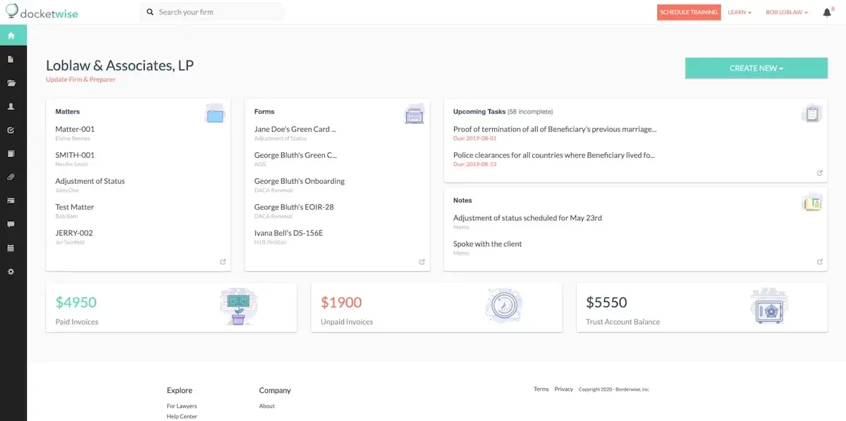 Docketwise dashboard with data