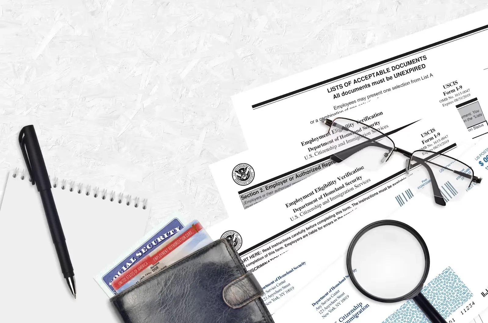 legal documents spread on a desk including social security