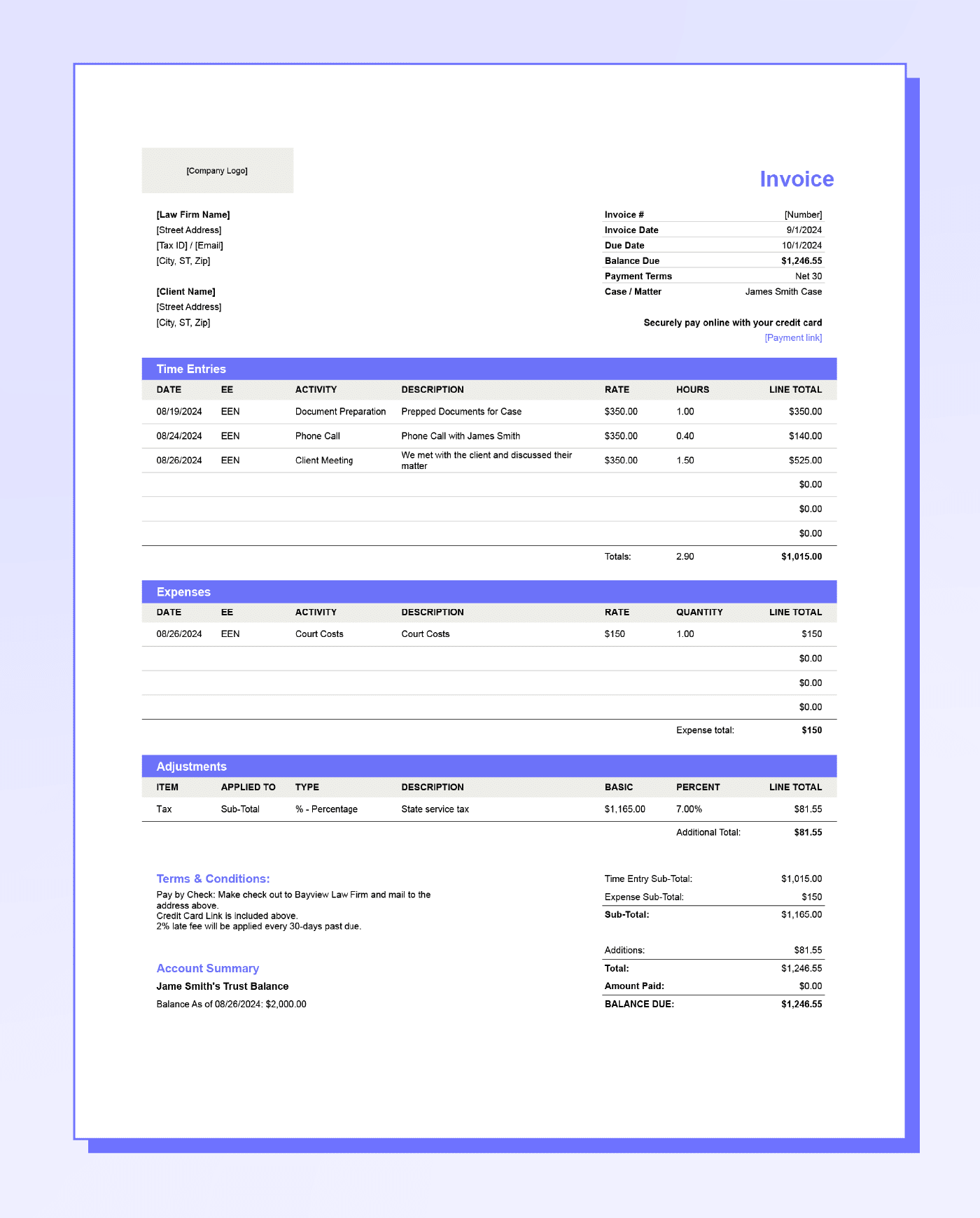 Screenshot of MyCase’s downloadable legal billing template.