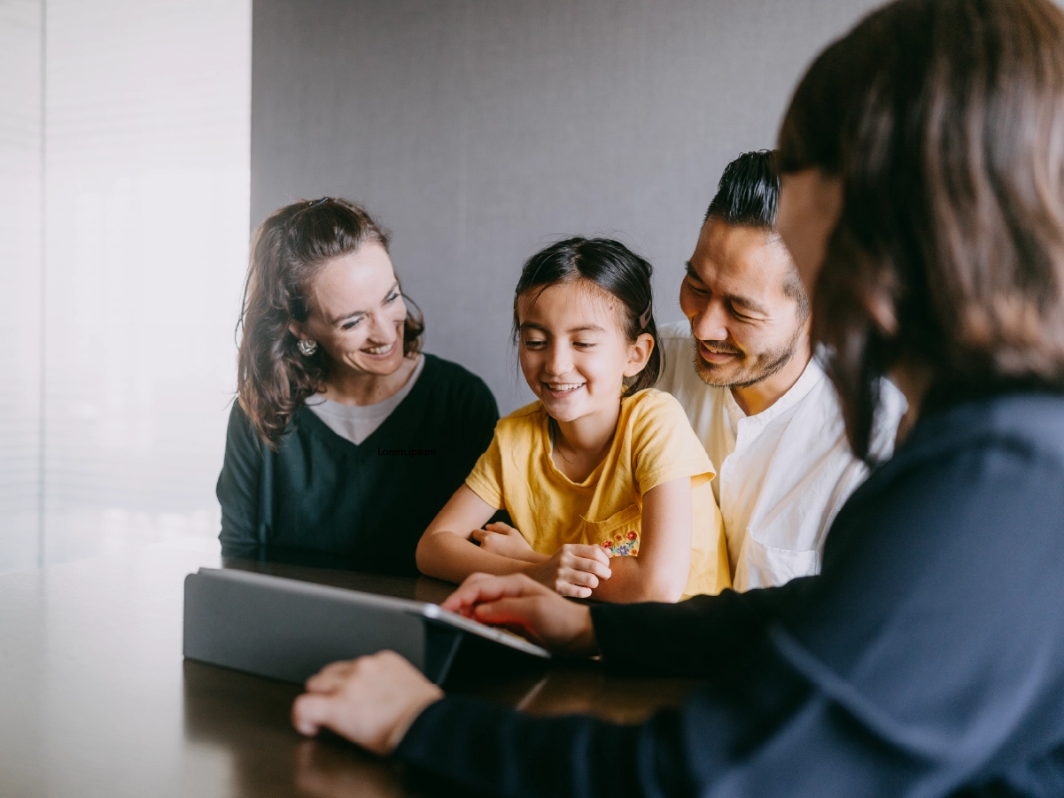 Family lawyer meeting with a three-person client family