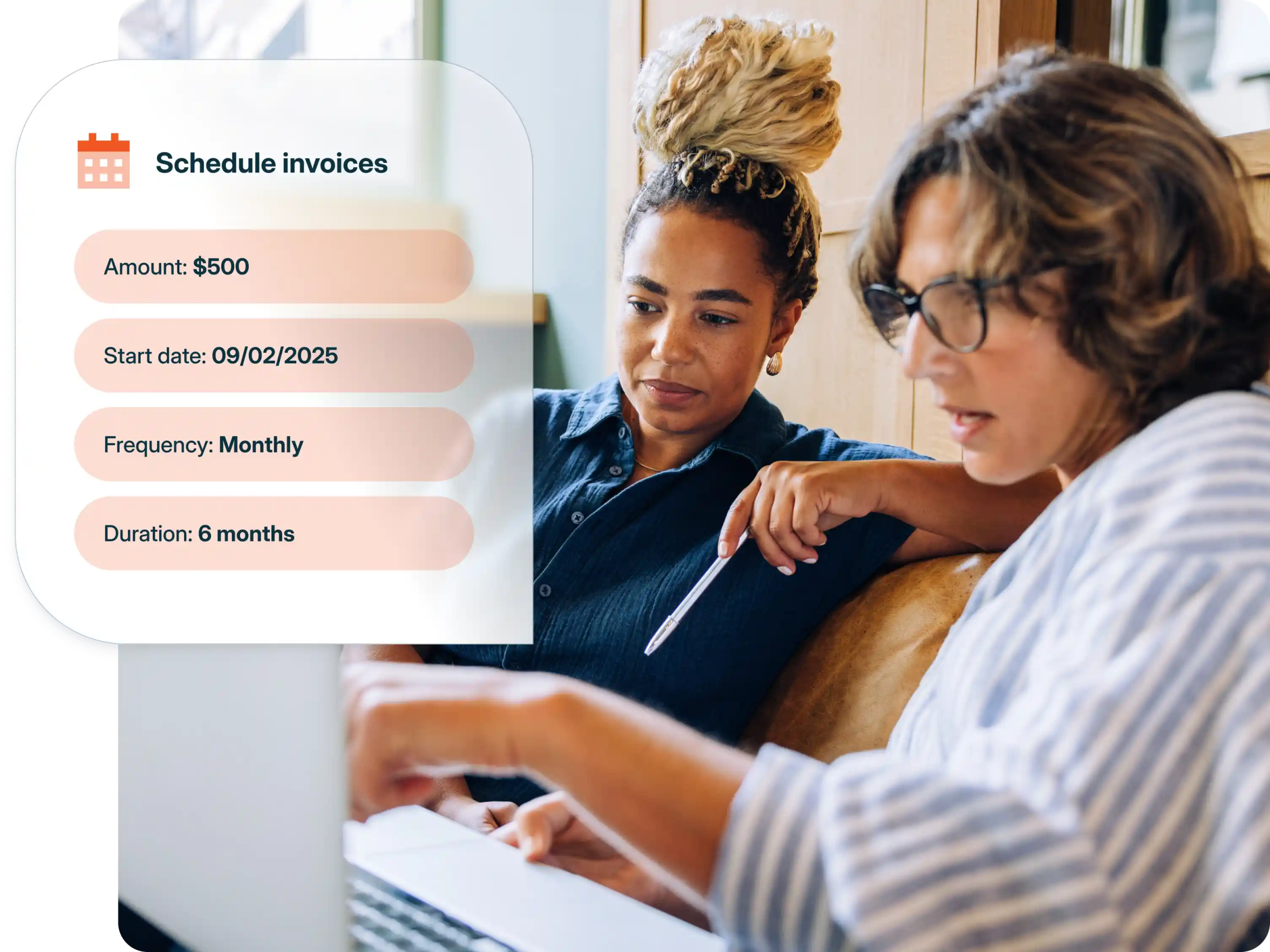 Two coworkers schedule a monthly invoice for a duration of six months
