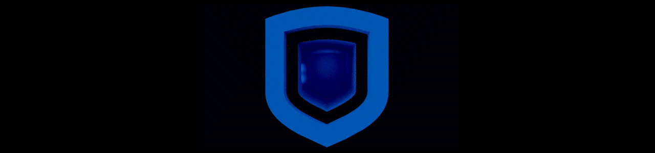 A blue shield sits on a black background, and as it pulses, a car emerges on top of the shield and drives out of the frame.