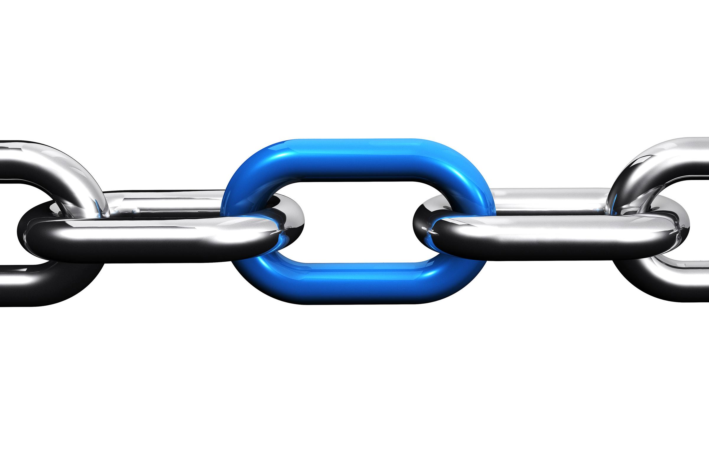 A bold, eye-catching, blue link connects links in a silver chain.