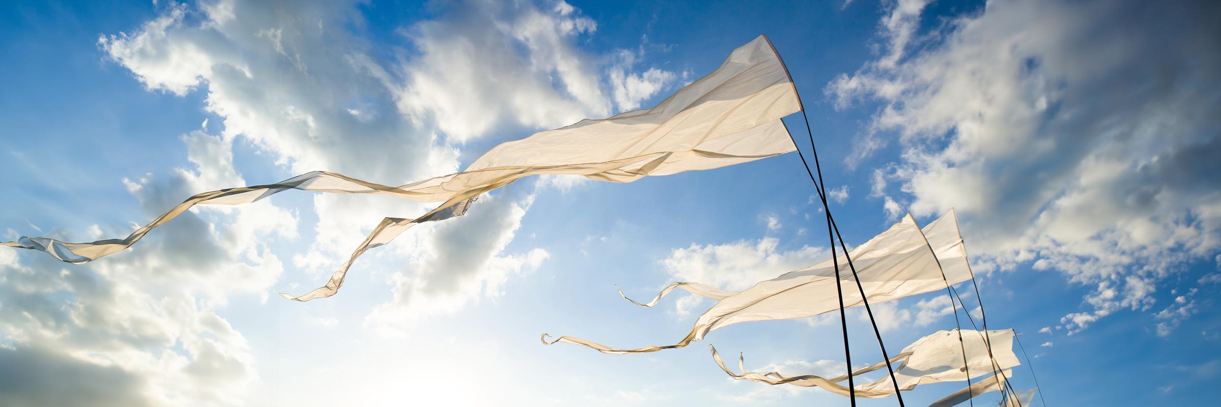 White flags blow in the breeze on a bright, sunny day.
