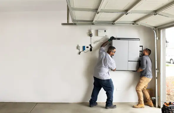 19_Derek Singh_Install_Installers placing Brightbox battery on wall_West_Bakersfield, CA