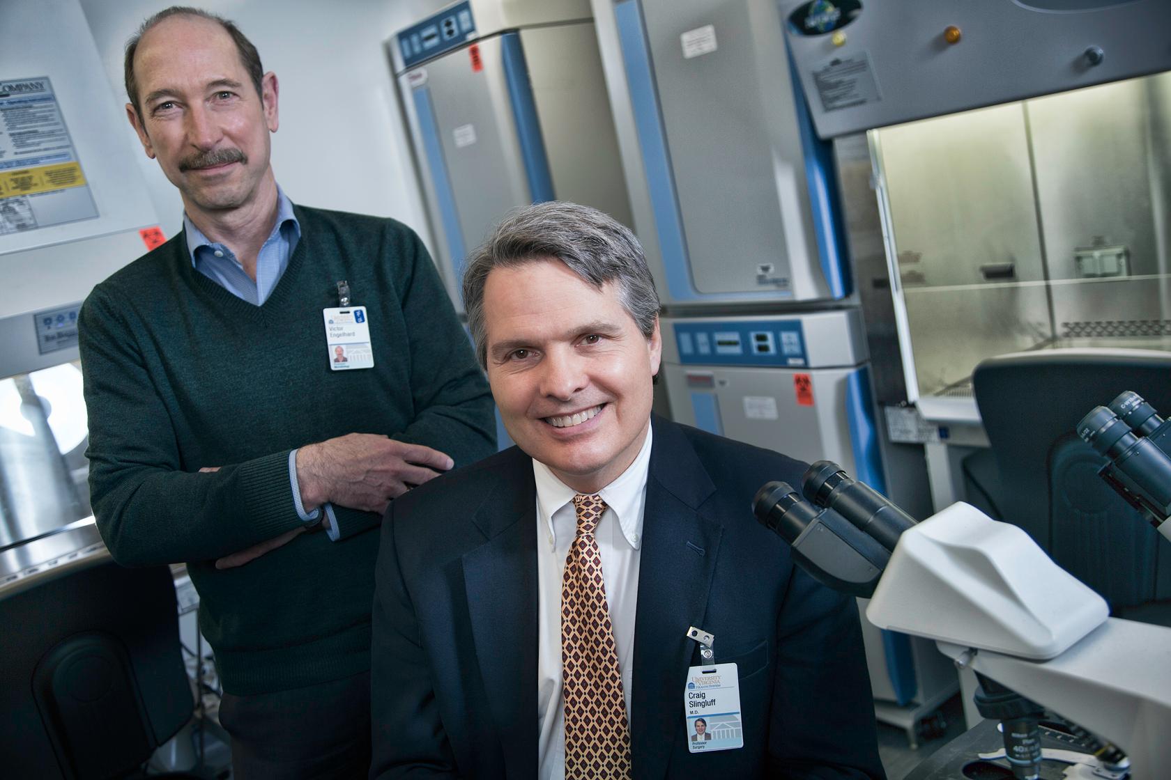 Victor H. Engelhard, PhD, (left) and his collaborator on the melanoma vaccine, Craig L. Slingluff Jr., MD.