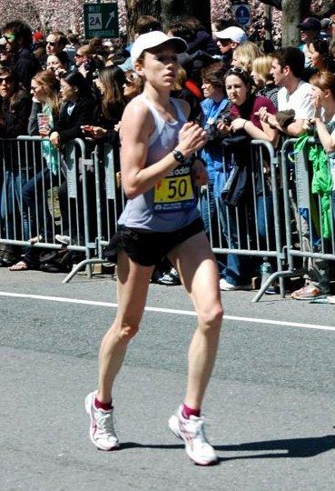 Louise Knudson running in the 2011 Boston Marathon, where she qualified for the Olympic Trials.