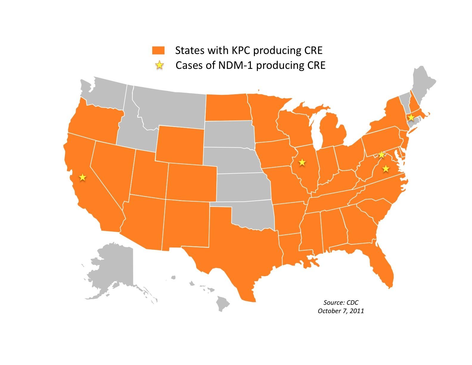 Centers for Disease Control (CDC) 2011 Data -- In orange are states in which CRE infections caused by KPC gene have been identified. (Click image for more detailed map)