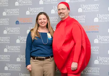 Lori Dunn (patient) and Dr. Friel as Paulie Polyp on Dress in Blue Day