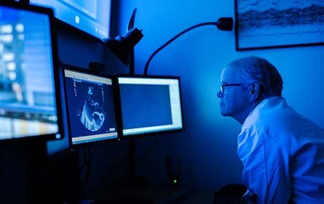 Doctor looking at scans on computer