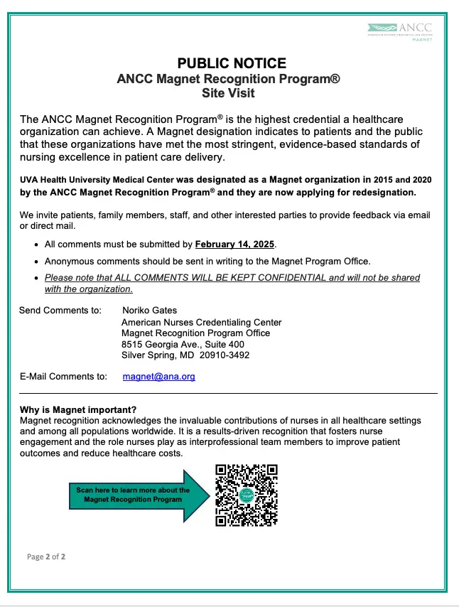 PUBLIC NOTICE: ANCC Magnet Recognition Program® Site Visit