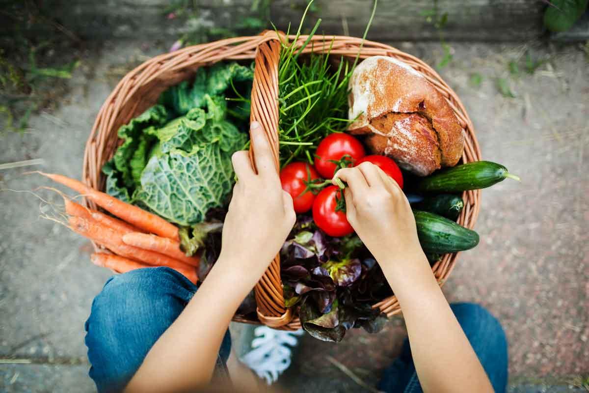 basket full of vegetables and fruits -- part of a clean eating diet