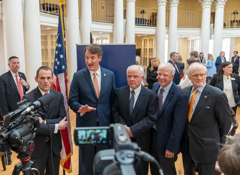 From left, UVA President Jim Ryan, Gov. Glenn Youngkin, Paul Manning, UVA Health CEO Dr. K. Craig Kent and University Rector Whitt Clement answer media questions following Friday’s announcement. (Photo by Erin Edgerton, University Communications)