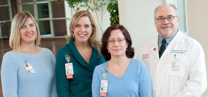 Emily Lyster; Anita Sites, RN; Brigid Wonderly, RN; and Kenneth Brayman, MD, were part of the team that facilitated UVA's first paired kidney exchange transplant.