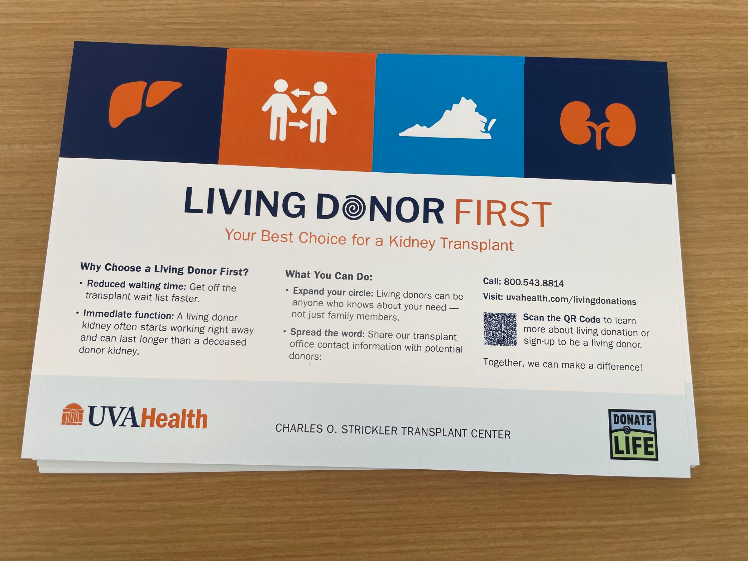 A Living Donor card made by UVA showcases the program