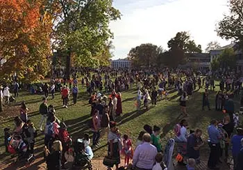 trick-or-treating on the lawn on Halloween at UVA in Charlottesville