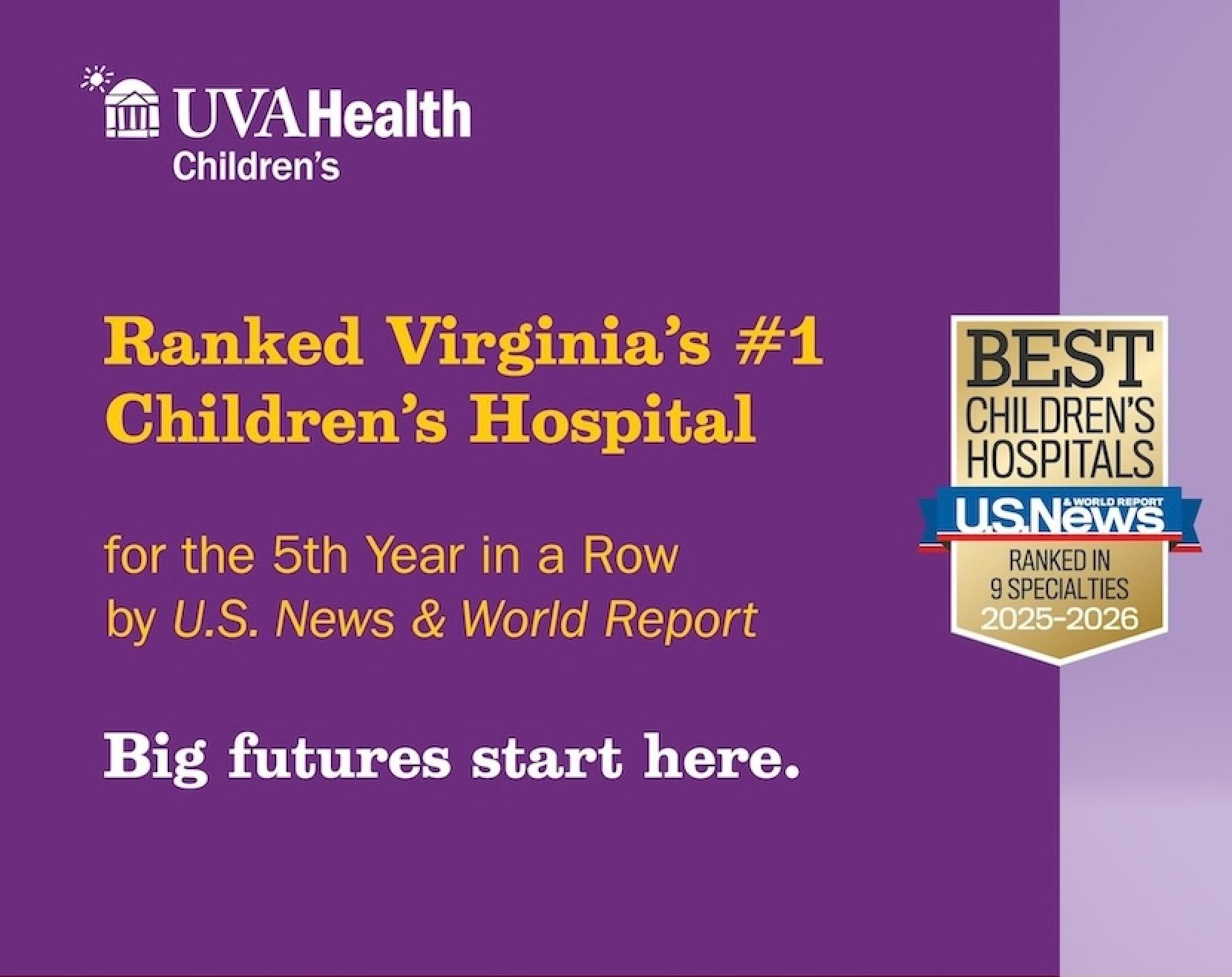 U.S. News & World Report Names UVA Health Children’s No. 1 Children's Hospital in Virginia