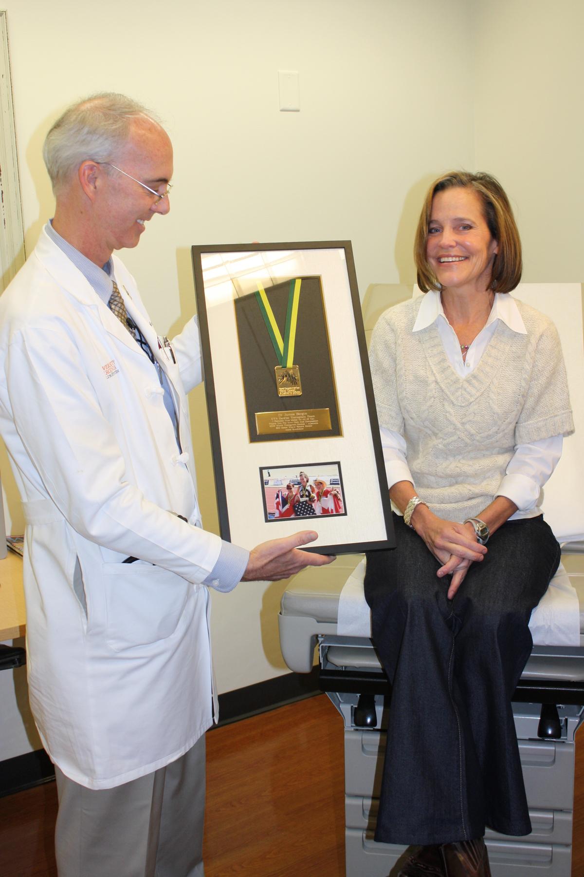 During a recent visit to the University of Virginia Medical Center in Charlottesville, Anne Kirchmier surprised her cardiologist, James Bergin, M.D., with a special gift.