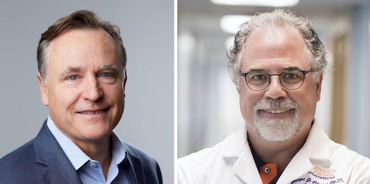 UC Berkeley's Kevin Edward Healy (left) is partnering with UVA's George Christ to develop a portable "hydrogel" for use on the battlefield and beyond. (Healy photo courtesy UC Berkeley; UVA photo by Tom Cogill | UVA Communications)