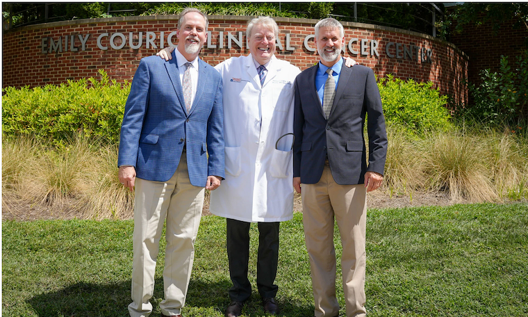 Researchers Charles Chalfant, PhD (from left); Thomas P. Loughran Jr., MD; and David Feith, PhD, have received $13 million from the National Cancer Institute to advance their efforts to battle acute myeloid leukemia, the deadliest blood cancer.