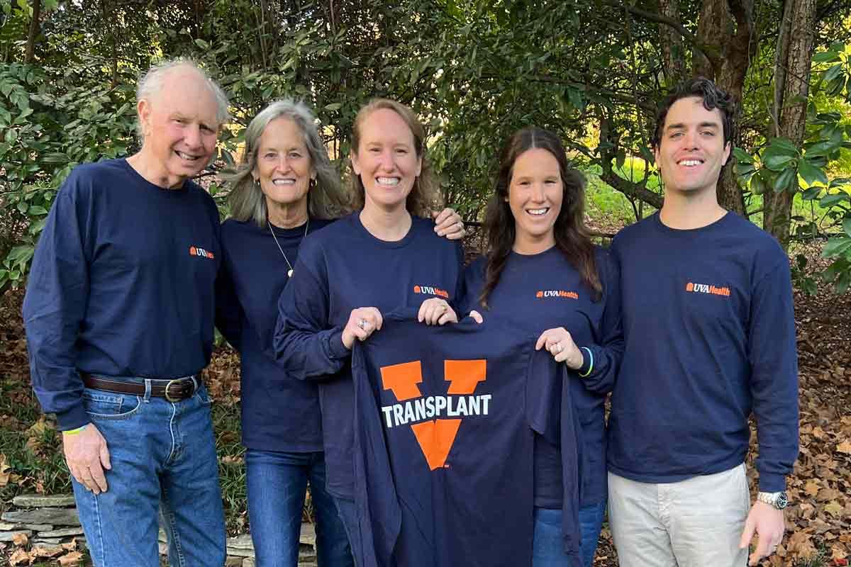 Kevin Beale (on left) with his family that includes 2 UVA alums. Beale became an even bigger Wahoo fan after his lung transplant journey at UVA Health.