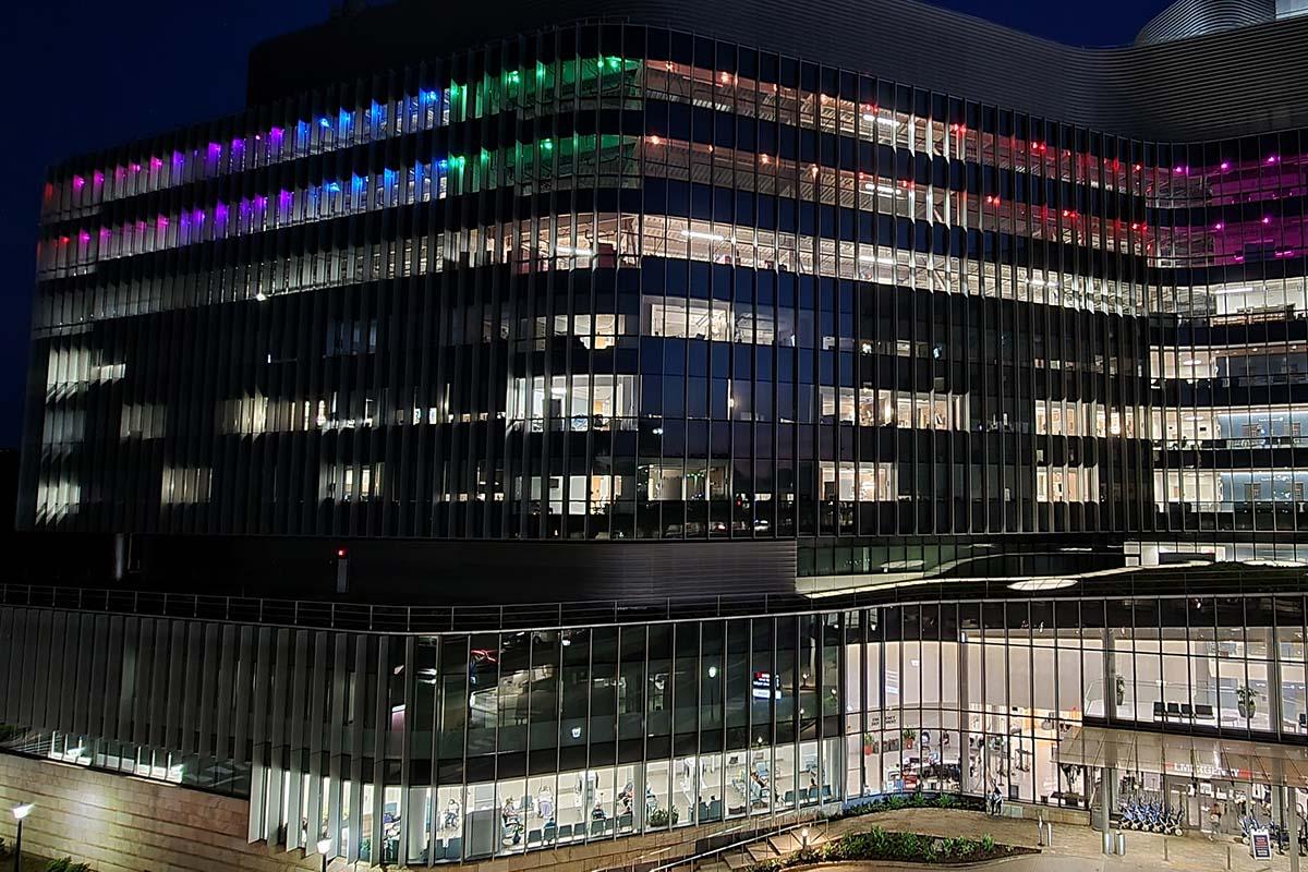 UVA Medical Center displays rainbow-colored lights in honor of Pride Month.