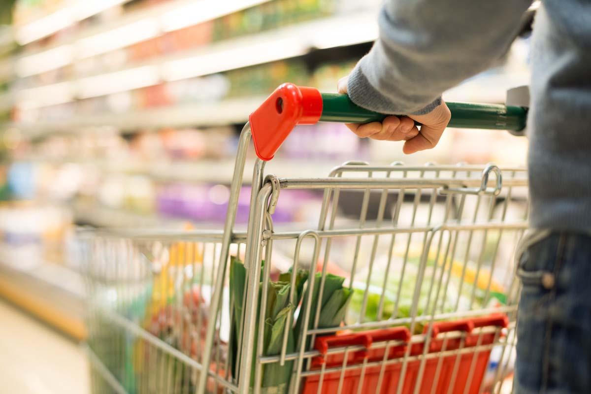 person pushing a cart at the grocery store