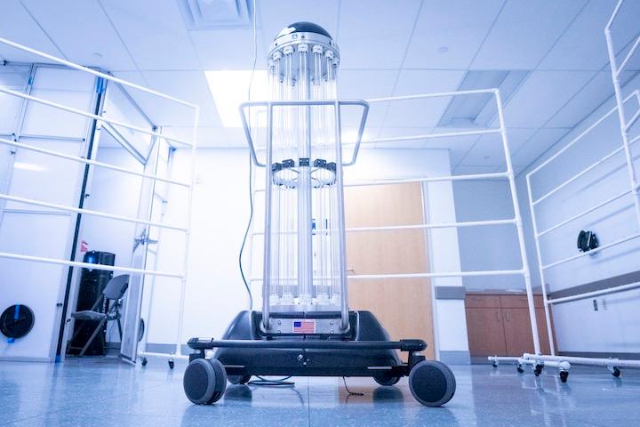 A newly acquired robot, Tru-D, can disinfect up to 6,000 N-95 masks per day. 