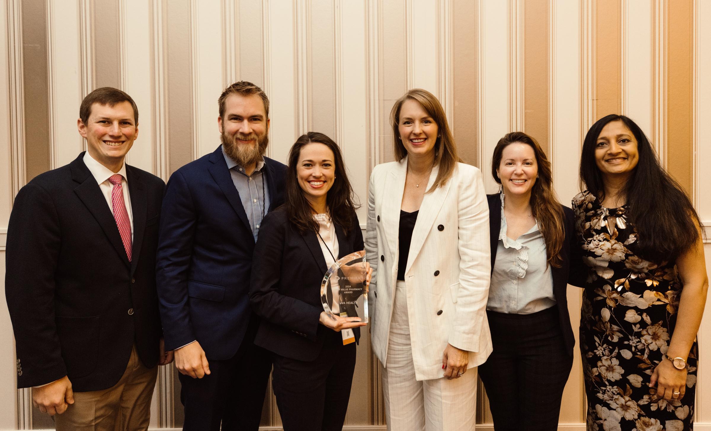 From left to right: Mark Vestal, pharmacy supply chain coordinator, UVA Health; Jordan DeAngelis, pharmacy director, UVA Health; Danielle Griggs, chief pharmacy officer, UVA Health; Jessica Dailey, RVP strategic sourcing executive, Premier; Allison Treanor, SRD field pharmacy account management, Premier; Sudha Narayanaswamy, vice president, pharmacy practice and portfolio, Premier.

