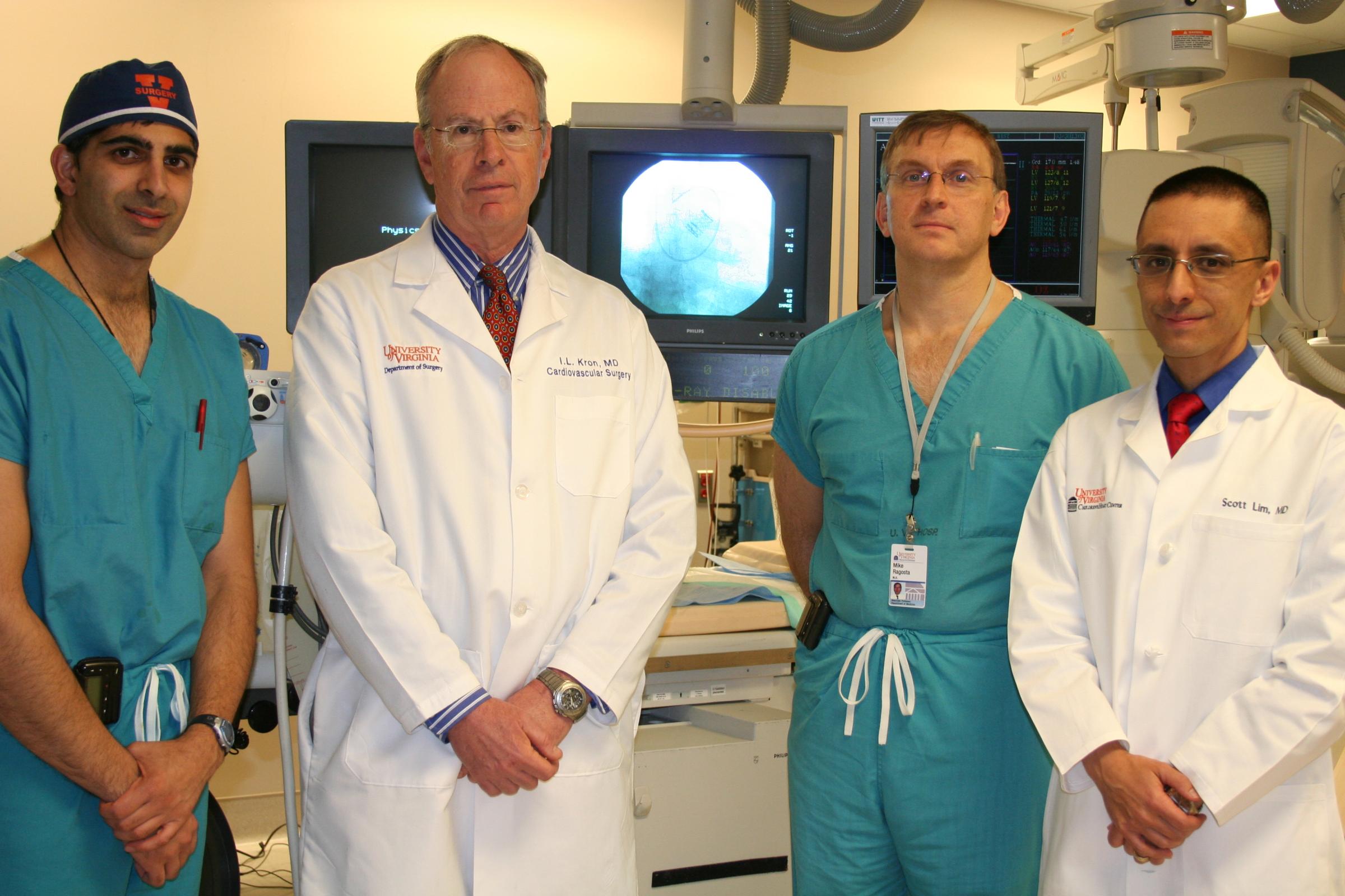 Team members included (left to right) cardiac surgeons Gorav Ailawadi, MD and Irv Kron, MD and interventional cardiologists Mike Ragosta, MD, and Scott Lim, MD