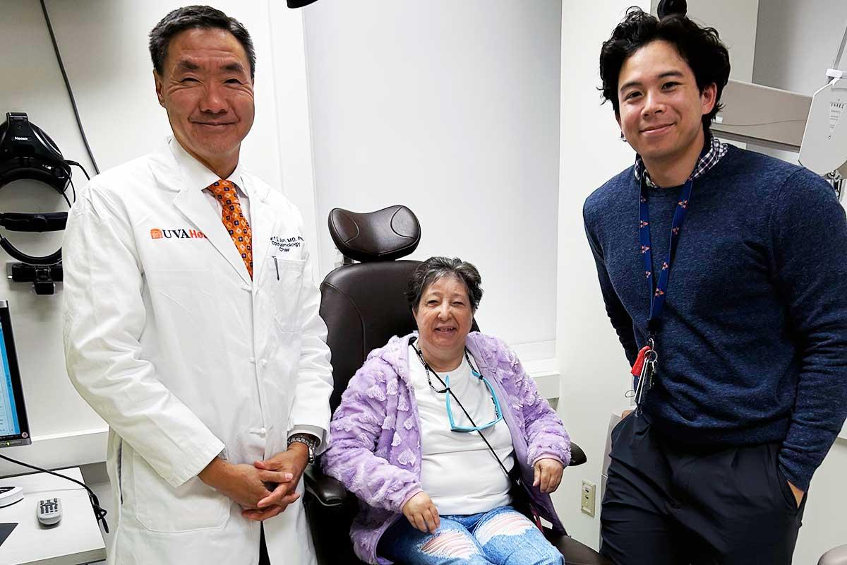Kelly and Dr. Jun. Kelly came to UVA Health for cataract surgery.