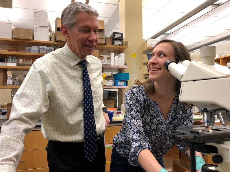 Gary K. Owens, PhD, director of UVA’s Robert M. Berne Cardiovascular Research Center, consults with researcher Molly R. Kelly-Goss.