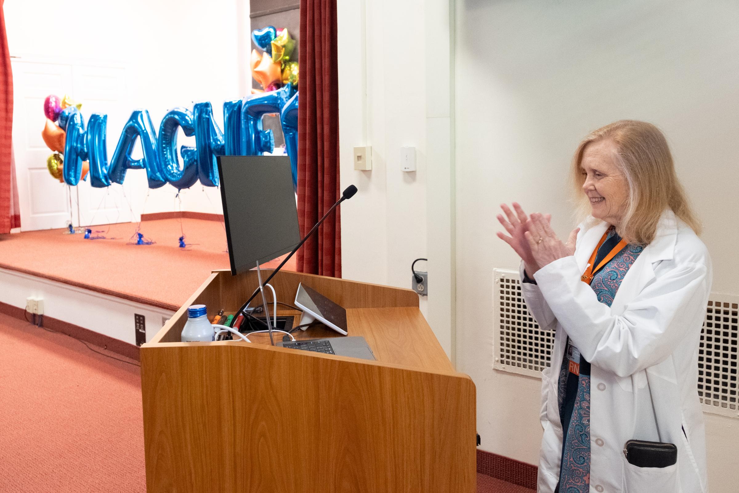 Kathy Baker, PhD, RN, NE-BC, FAAN, UVA Health University Medical Center’s chief nursing officer, celebrates Magnet recognition.