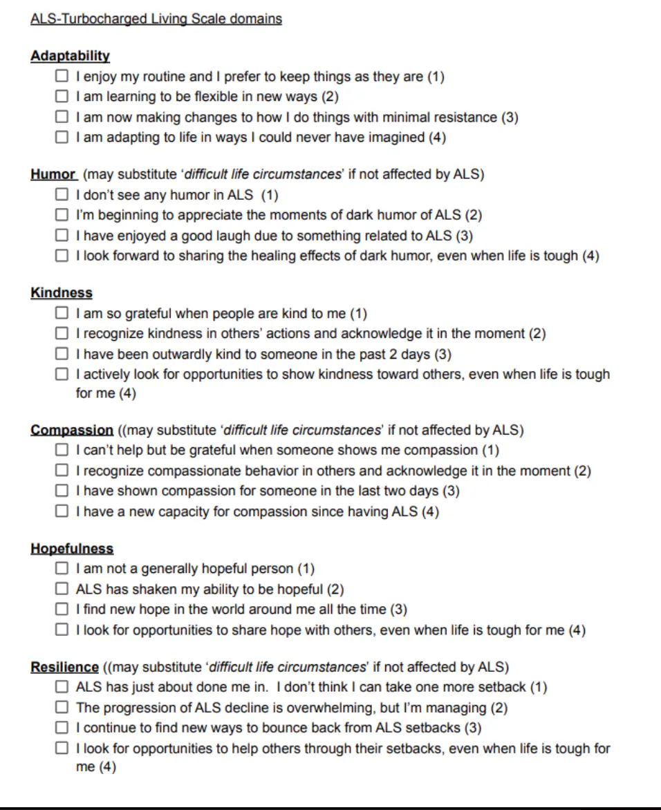 ALS-Turbocharged Living Scale tool or Hope Tool lists a series of questions to help you measure how you are responding to challenge.