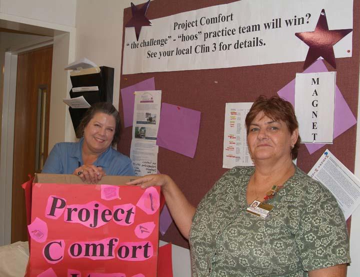 RN Vicki Buffmire and Health Unit Coordinator Wanda Breeden work together to collect Comfort Kits.