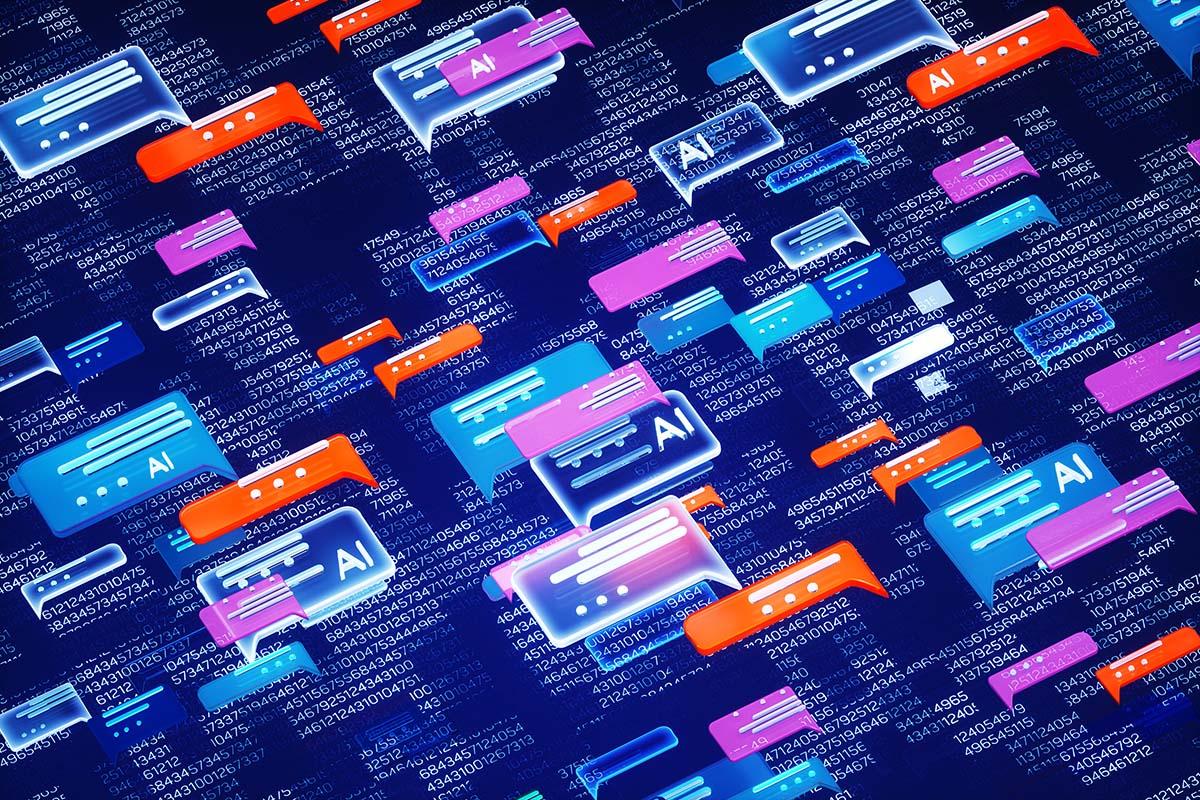 Digital generated image of abstract AI chat icons over digital surface