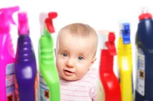 baby with household cleaners
