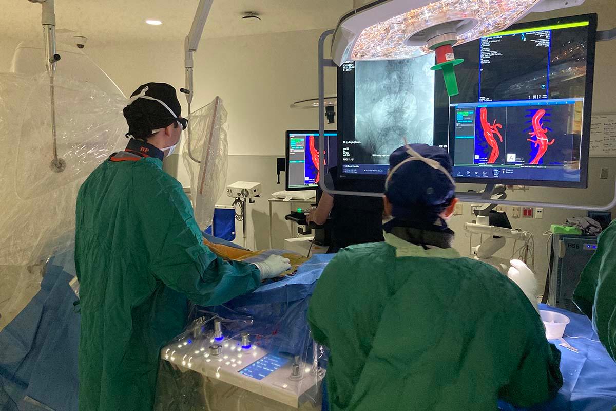 UVA Health Aortic Center co-director Bezhad Farivar, MD, performs a procedure with a fellow at UVA Aortic Center.