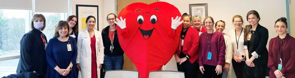 The UVA Health women's heart program team, here with our Heart Month mascot, Betty Beat.