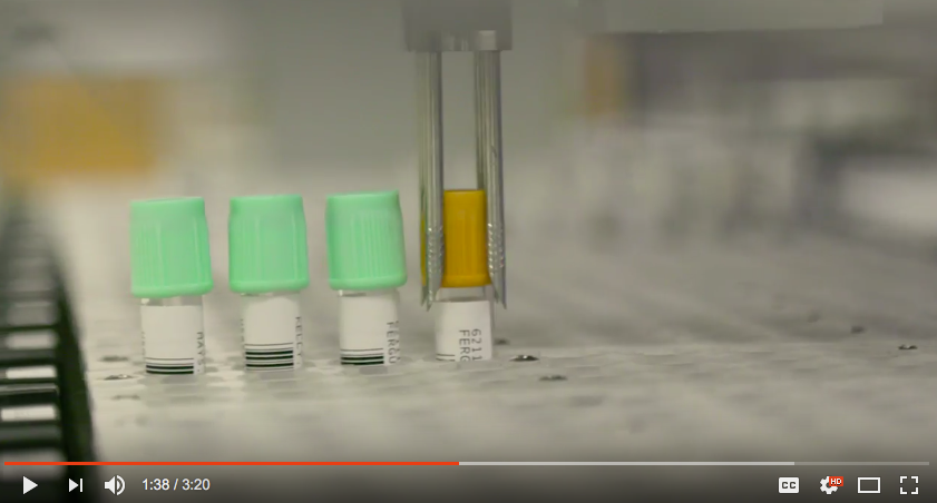 Robots at work doing blood testing at UVA Health System.