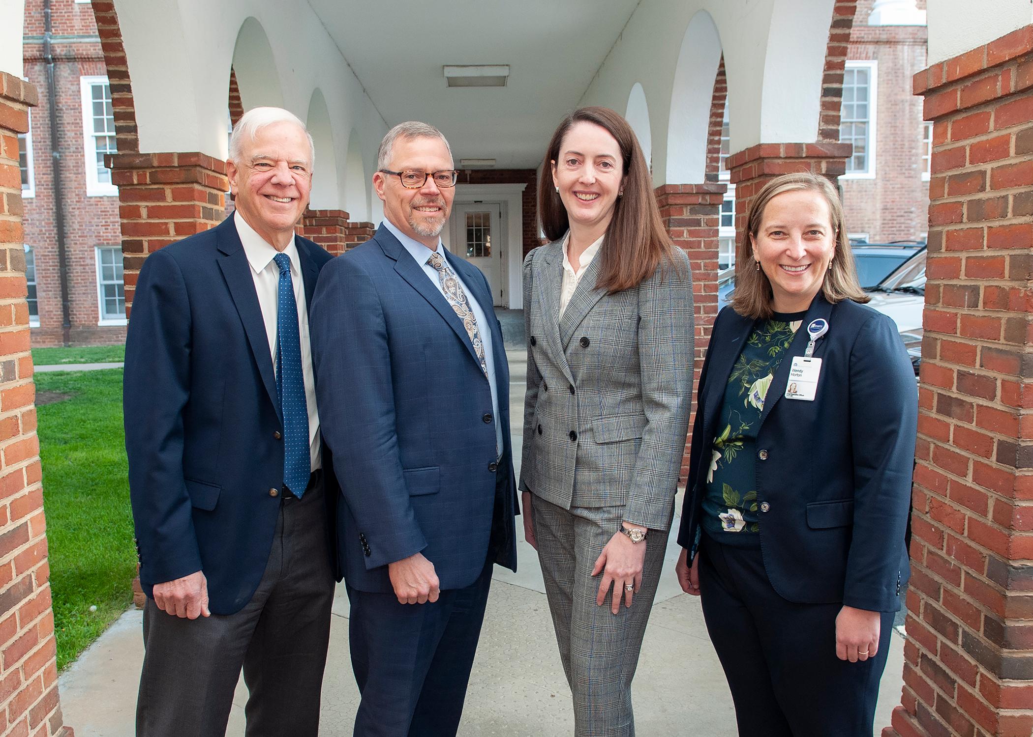 J. Scott Just (second from left) has been appointed chief executive officer of UVA Physicians Group. He is joining a leadership team that includes (left-to-right) K. Craig Kent, MD, chief executive officer of UVA Health; Melina R. Kibbe, MD, dean of the UVA School of Medicine; and Wendy Horton, MBA, PharmD, chief executive officer of UVA Medical Center.